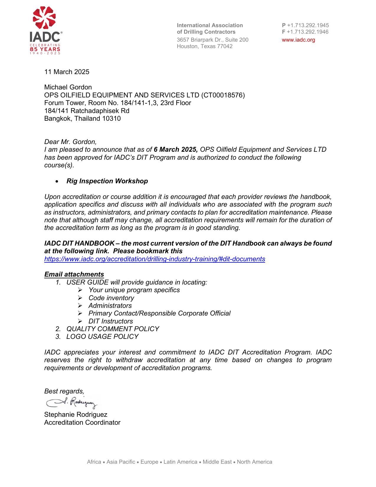 IADC accreditation letter for OPS-OES's Rig Inspection Workshop