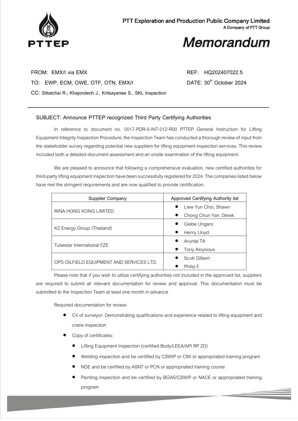 PTTEP memo recognizing OPS-OES as a Third Party Certifying Authority