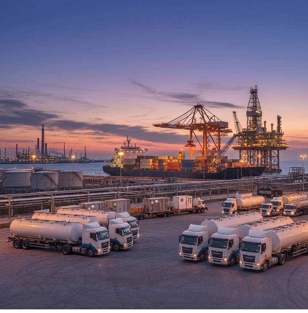 Port terminal with container ship and tanker fleet