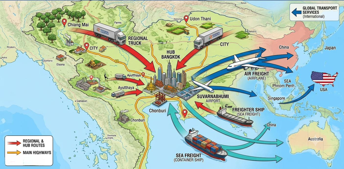Regional and international freight routes — road, air, and sea